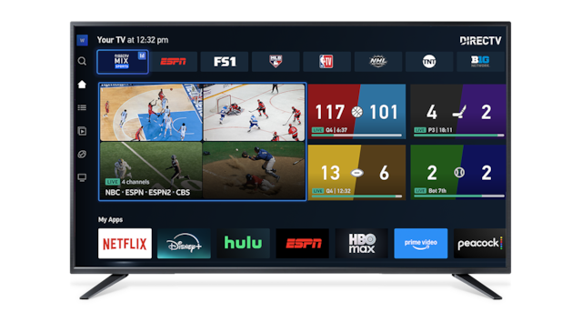 DIRECTV interface showing multiple live sports streams, scores, and apps like Netflix, Disney+, Hulu, and HBO Max.